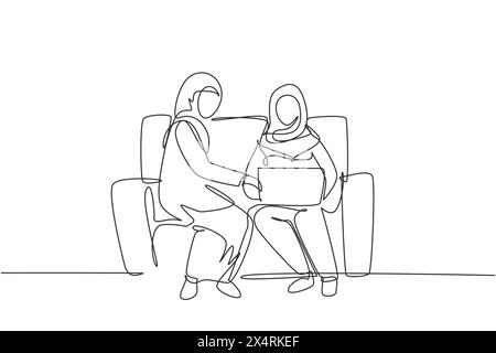Eine durchgehende Linie, die zwei arabische Frauen mit einem Laptop zeigt, der zusammen auf dem Sofa sitzt. Freiberufler, Fernunterricht, Online-Kurse und Studium. Dynami Stock Vektor