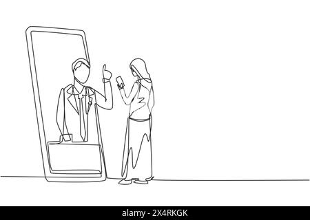 Eine einzige Zeile Hijab weibliche Patientin mit Smartphone stehend mit Blick auf das riesige Smartphone und beratender männlicher Arzt. Arzt online. Kontinuierlich Stock Vektor