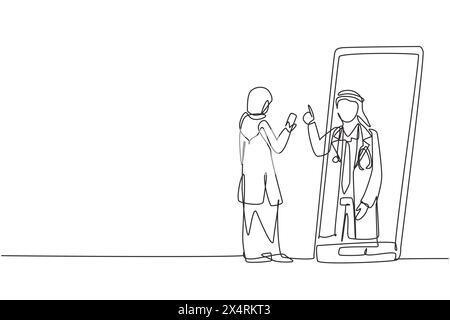 Durchgehende einzeilige Zeichnung Hijab weibliche Patientin mit Smartphone stehend mit Blick auf das riesige Smartphone und beratender männlicher Arzt. Arzt online. Einfach Stock Vektor