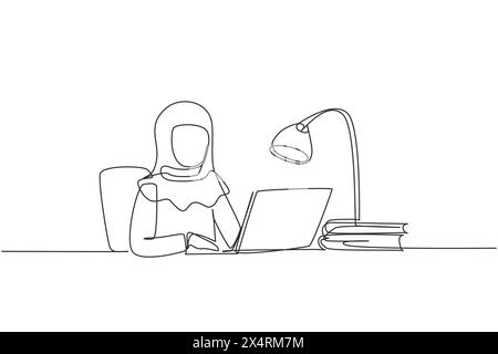 Einzelne durchgehende Linienzeichnung Arabisches Mädchen, das mit Laptop und Arbeitslampe auf Stuhl um den Schreibtisch sitzt. Back to School, Online-Bildungskonzept Stock Vektor