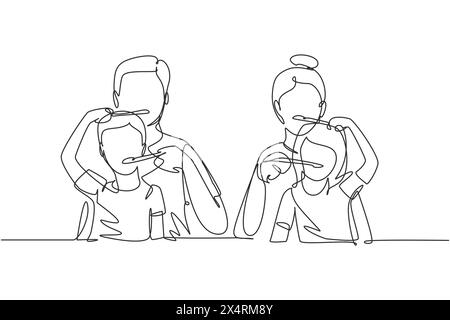 Lächelnde Kinder putzen sich die Zähne mit Mama und Vater im Badezimmer. Routinegewohnheiten zur Sauberkeit von Mund und Zähnen. O Stock Vektor