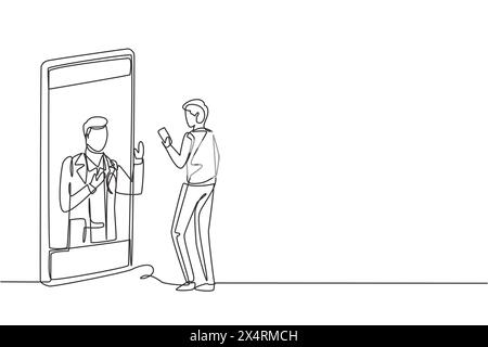 Eine einzelne Linie zeichnender männlicher Patient mit Smartphone stehend mit Blick auf das riesige Smartphone und beratender männlicher Arzt. Arzt online. Modern durchgehend Stock Vektor