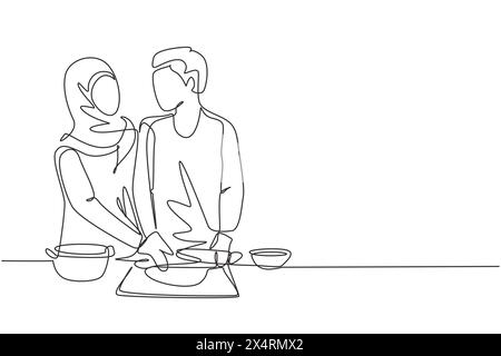 Durchgehende Linie, die ein romantisches arabisches Paar zeichnet, das sich ansieht, während er während der Zubereitung von Gebäck in der gemütlichen Küche zuhause weichen Teig wälzt. Sünde Stock Vektor