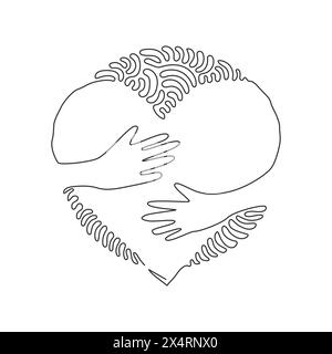 Einzelne einzeilige Zeichnung umarmen Herzform Design Vektorvorlage. Symbol oder Logo für Gesundheitssymbol. Hintergrundstil mit kreisenden Wellen. Stock Vektor