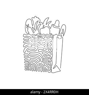 Durchgehende, einzeilige Zeichnung eines Lebensmittelsacks mit Gemüse. Papierpaket mit landwirtschaftlichen Erzeugnissen und Früchten. Papiertüte in Wackelform. Einzellimousine Stock Vektor