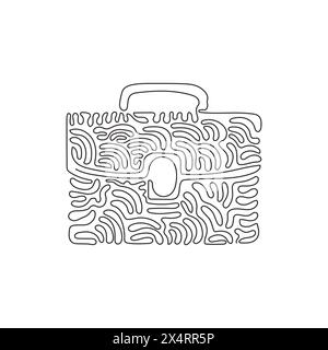 Einzelne durchgehende Linienzeichnung männliches Büro Aktentasche Symbol. Geschäftssymbol. Aktenkoffer mit Schlosssymbol. Handtasche und Koffer. Wirbelnde Lockenform. Dynamisch Stock Vektor