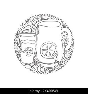 Einzeilige Limonade in Kanne und Glas. Glas und Krug mit Zitronen und Eiswürfeln. Hintergrundstil mit kreisenden Wellen. Modern durchgehend Stock Vektor