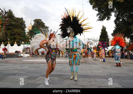 Die Teilnehmer nehmen am letzten Tag des jährlichen Karnevals in Tlaxcala Teil, einer der wichtigsten folkloristischen und kulturellen Veranstaltungen im Bundesstaat Tlaxcala, das 2013 als immaterielles Kulturerbe des Bundesstaates Tlaxcala bezeichnet wurde. Am 4. Mai 2024 in Tlaxcala, Mexiko. (Foto: Essene Hernandez/Eyepix Group/SIPA USA) Credit: SIPA USA/Alamy Live News Stockfoto