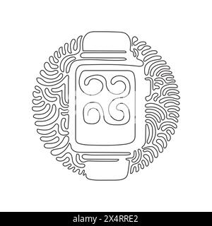 Durchgehende einzeilige Zeichnung Smart Watch Geräteanzeige mit App-Symbolen. Tragbare Smart Watch-Technologie. Hintergrundstil mit kreisenden Wellen. Einfach lin Stock Vektor