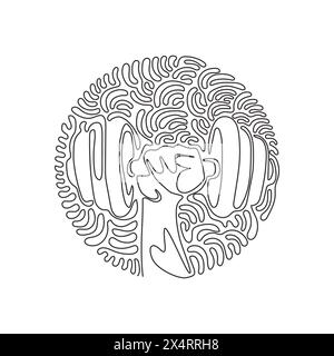 Durchgehende einzeilige sportliche Sportler, die die Hantel hält. Fitness-Workout. Barbell und starke Handfaust. Hintergrundstil mit kreisenden Wellen Stock Vektor