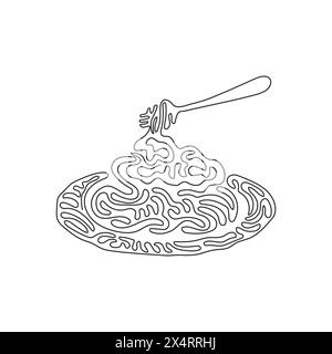 Durchgehende einzeilige Zeichnung von Spaghettibolognese mit Gabel auf Platte. Klassisches italienisches Pastagericht zum Mittagessen. Köstliche Mahlzeit zu Hause. Wirbelnde Lockenform. Si Stock Vektor