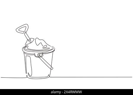 Zeichnen Sie eine einzelne Linie mit Schaufel und Schaufel. Sand in Eimer mit Schaufel. Kinderspielzeug aus Plastik im Sommer. Sandeimer und Schaufel. Kinderspielzeug am Strand. Kontin Stock Vektor