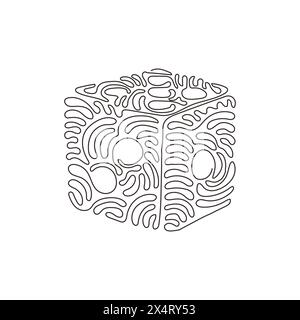 Einzelne durchgehende Linienwürfel. Würfel mit weißen Punkten. Würfelwürfel, Casino-Spiel. Niedlicher Umrisswürfel mit schwarzer Kontur für Tischspiele. Wirbelnde Lockenform Stock Vektor