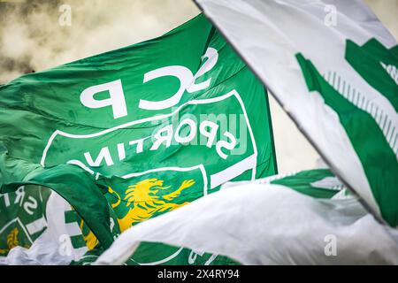 Lissabon, Portugal. Mai 2024. Sporting CP Flaggen während der Torfeier, während des Liga Portugal Betclic Matches zwischen Sporting CP und Portimonense SC im Estadio Jose Alvalade in Lissabon. (Endnote: Sporting CP 3 - 0 Portimonense SC) (Foto: Henrique Casinhas/SOPA Images/SIPA USA) Credit: SIPA USA/Alamy Live News Stockfoto