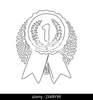Eine einzige Linie, die Goldmedaille zieht, Gewinnerpreis. Circle Awards mit Bändern und Zahlen-eins-Symbol. Hintergrundstil mit kreisenden Wellen. Moderner Continuo Stock Vektor