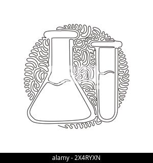 Laborglaswaren für die kontinuierliche Einzeichenzeichnung. Laborröhrchen mit Graduierung, Becher, Kolben. Ausrüstung für chemische Tests. Dreh Curl Circle Backgrou Stock Vektor