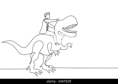 Nur eine durchgehende Linienzeichnung tapferer Geschäftsmann, der auf dem riesigen gefährlichen tyrannosaurus reitet. Der männliche Unternehmer kämpft mit dem Raubtier. Ein Stock Vektor