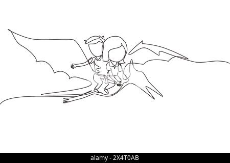 Einzelne durchgehende Linie, die Jungen und Mädchen zusammen reitet, fliegende Dinosaurier. Pterodactyl-Fahrt mit Kindern, die auf dem Rücken des Dinosauriers sitzen und hoch hineinfliegen Stock Vektor