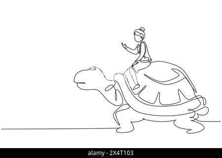 Eine durchgehende, einzeilige Geschäftsfrau, die auf einer riesigen Schildkröte reitet. Langsame Bewegung zum Erfolg, Manager treibt Riesenschildkröte. Wettbewerbskonzept für Unternehmen. Stock Vektor
