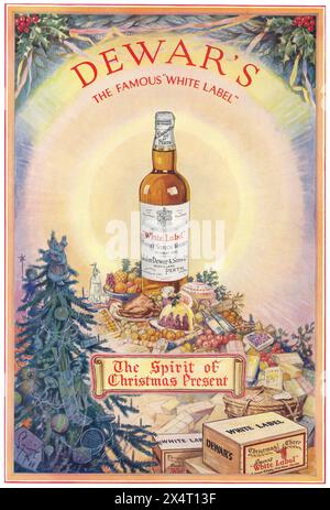 1934 britische Weihnachtswerbung für Dewar's White Label Scotch Whisky. Stockfoto