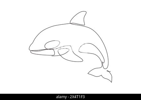 Einzelne durchgehende Linie, die Wal-Killer Orca im Wasser zeichnet. Wildwal Killer Fisch Tier Maskottchen für Wasserpool. Orca ist unter Ozeanwasser. Stock Vektor