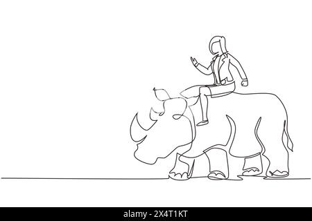 Einzelne durchgehende Linienzeichnung Geschäftsfrau reitend Nashorn Symbol des Erfolgs. Metapher-Konzept des Unternehmens, mit Blick auf Ziel, Leistung, Führung. Stock Vektor