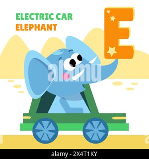 Buchstabe E. Alphabet, Karte mit niedlichen Zeichentrickfiguren. Elefant und Elektroauto. ABC. Erziehung für Kinder. Vorschulaktivität. Vektor Stock Vektor