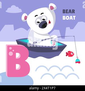 Buchstabe B. Alphabet, Karte mit niedlichen Zeichentrickfiguren. Bär und Boot. ABC. Erziehung für Kinder. Vorschulaktivität. Vektorabbildung. Stock Vektor
