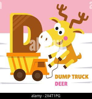 Buchstabe D. Alphabet, Karte mit niedlichen Zeichentrickfiguren. Hirsch und Muldenkipper. ABC. Erziehung für Kinder. Vorschulaktivität. Vektorabbildung Stock Vektor