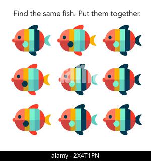 Suchen Sie das Gleiche, und verbinden Sie es. Spiel für Vorschulkinder. Karikaturinsekt isoliert auf weißem Hintergrund. Vektorabbildung. Stock Vektor