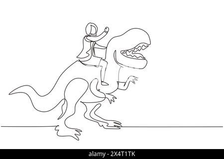 Eine einzige durchgehende Linienzeichnung tapfere Geschäftsfrau, die auf dem riesigen gefährlichen tyrannosaurus reitet. Die weibliche Unternehmerin kämpft mit dem Raubtier Stock Vektor