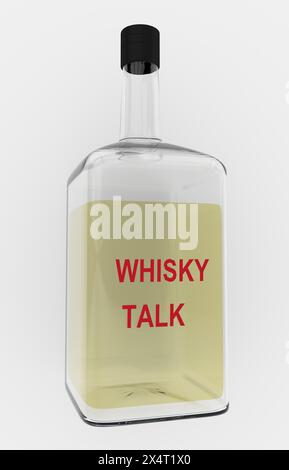 3D-Illustration des WHISKY-TALK-Titels auf der Spirituosenflasche, isoliert über Grau. Stockfoto