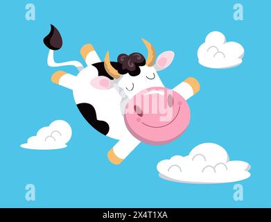 Niedliche, lustige Kuh fliegen im Himmel zwischen Wolken. Vektor-Illustration, Zeichentricktier-Charakter. Isoliertes Symbol für die Konstruktion. Stock Vektor
