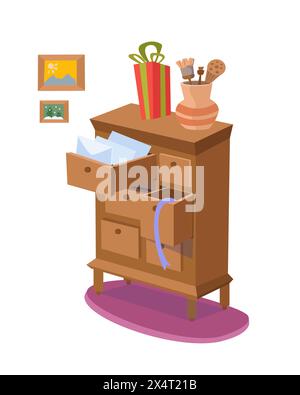 Brauner Holzschrank mit Schubladen. Vektor-Zeichentrick-Illustration. Weihnachtszimmermöbel im Vintage-Stil. Isolierte Objekte, Objekte auf weiß Stock Vektor