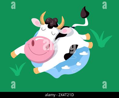 Süße, lustige Kuh, die auf Kissen liegt. Vektor-Illustration, Zeichentricktier-Charakter. Isoliertes Symbol für die Konstruktion. Stock Vektor