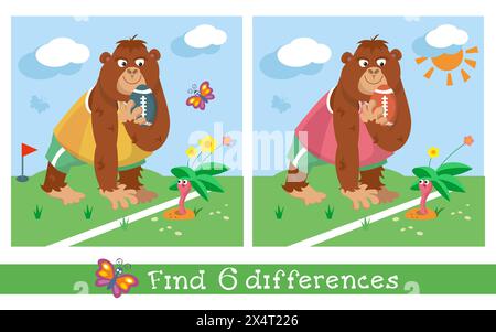 Finden Sie 6 Unterschiede. Puzzlespiel für Kinder. Süßer Gorilla, der Rugby spielt. Vektor-Zeichentrick-Illustration. Lustiges Affentier im Trainingsanzug zum Design Stock Vektor