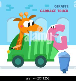 Buchstabe G. Alphabet, Karte mit niedlichen Zeichentrickfiguren. Giraffe und Müllwagen. ABC. Erziehung für Kinder. Vorschulaktivität. Vektor Stock Vektor
