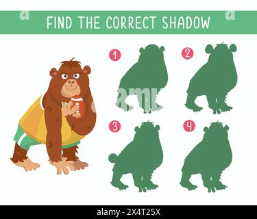 Suchen Sie den richtigen Schatten. Puzzlespiel für Kinder. Süßer Gorilla, der Rugby spielt. Vektor-Zeichentrick-Illustration. Lustiger Charakter. Stock Vektor