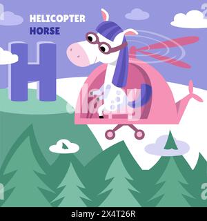 Buchstabe H. Alphabet, Karte mit niedlichen Zeichentrickfiguren. Pferd und Hubschrauber. ABC. Erziehung für Kinder. Vorschulaktivität. Vektor Stock Vektor