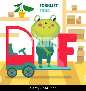 Buchstabe F. Alphabet, Karte mit niedlichen Zeichentrickfiguren. Frosch und Gabelstapler. ABC. Erziehung für Kinder. Vorschulaktivität. Vektorabbildung. Stock Vektor