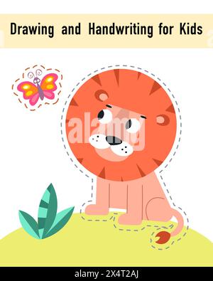 Zeichnung und Handschrift für Kinder. Lernspiel-Arbeitsblatt für Kinder. Lustige Zeichentrickfiguren. Vektorabbildung. Stock Vektor