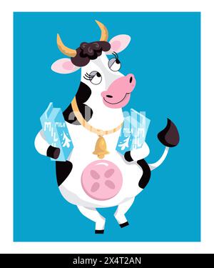 Süße, lustige Kuh spazieren mit Säcken Milch. Vektor-Illustration, Zeichentricktier-Charakter. Isoliertes Farbsymbol für Design. Stock Vektor