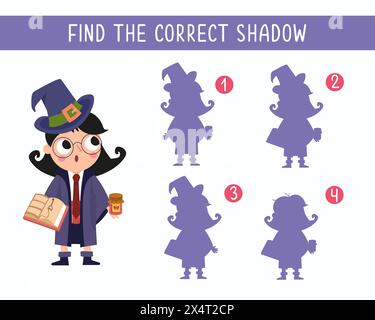 Find the right shadow. Game for children. Cute girl witch in magic hat on white background. Halloween and wizard school. Vector illustration. Stock Vektor