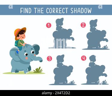 Finden Sie den richtigen Schatten. Spiel für Kinder. Süßer Comic-Elefant und Junge. Flache, isolierte, einfache Illustration. Pädagogisches Puzzle für Kinder Stock Vektor