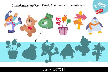 Suchen Sie den richtigen Schatten. Pädagogisches Puzzlespiel für Kinder. Niedliche Zeichentrickfiguren. Weihnachtsgeschenke. Isolierte Vektordarstellungen auf weißem Hintergrund Stock Vektor
