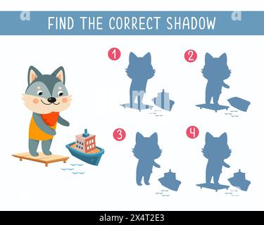 Finden Sie den richtigen Schatten. Puzzlespiel für Kinder. Niedliches Tier auf weißem Hintergrund. Transport und Tiere. Vektorabbildung. Stock Vektor