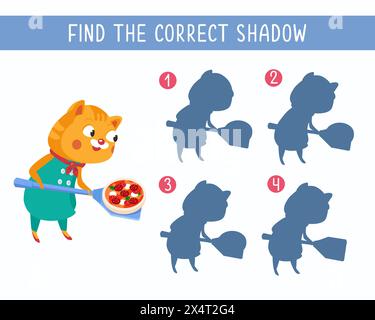 Finden Sie den richtigen Schatten. Spiel für Kinder. Übung, Vektorillustration. Niedlicher, farbenfroher, lustiger Katzenkoch mit Pizza. Puzzle für Kinder. Stock Vektor