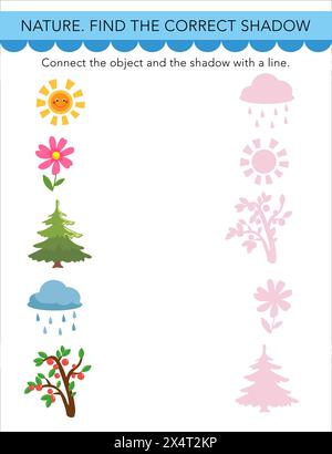 Suchen Sie den richtigen Schatten. Puzzlespiel für Kinder. Niedliche Objekte im Zeichentrickstil. Natur auf weißem Hintergrund. Vorschulaktivität. Vektorabbildungen. Stock Vektor