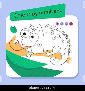 Farbe nach Zahlen Spiel. Pädagogisches mathematisches Malspiel für Kinder. Niedliches Chamäleon im Cartoon-Stil. Vektorabbildung. Stock Vektor