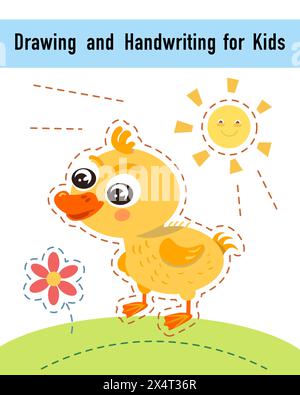 Zeichnung und Handschrift für Kinder. Lernspiel-Arbeitsblatt für Kinder. Lustige Zeichentrickfiguren. Vektorabbildung. Stock Vektor